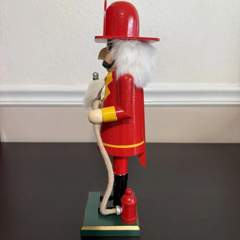 Nutcracker Fireman Figurine Wooden Vintage Holiday Home Accent Hose Fire Hydrant
